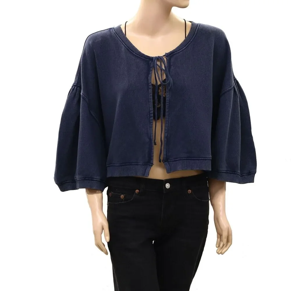 Free People Cape Me Cozy Cardi Blouse Top Cropped Crew Neck Cotton Boxy L 289850
